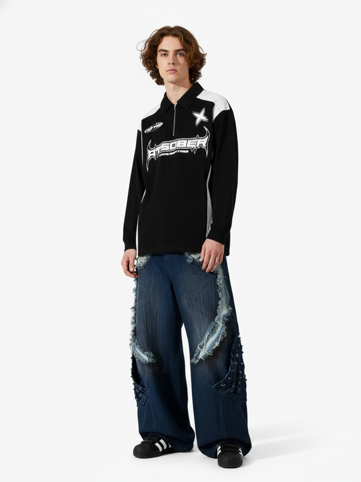 Thesupermade Star Color-Blocking Long Sleeve Quarter Zipper Shirt 