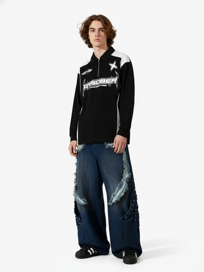 Thesupermade Star Color-Blocking Long Sleeve Quarter Zipper Shirt 