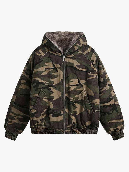 Thesupermade Camouflage Fur Collar Hooded Quilted Jacket 