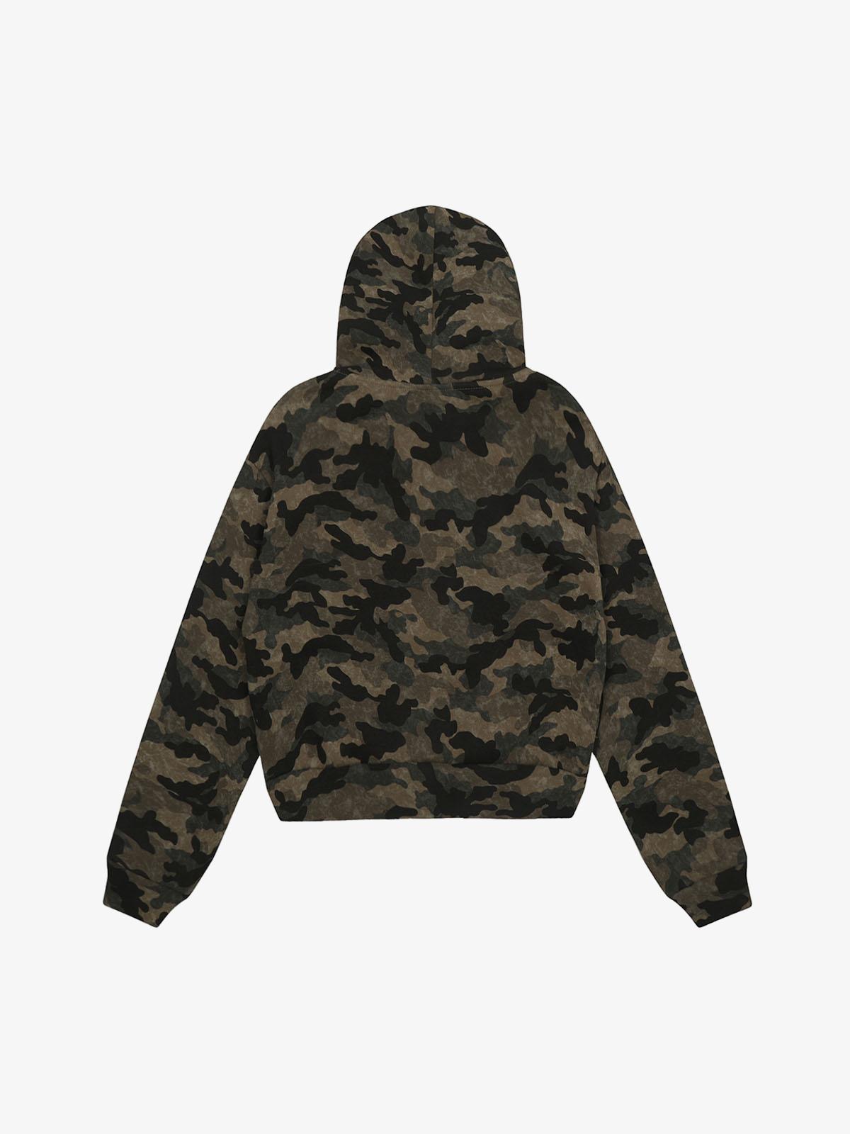 Hotfix Rhinestones Camouflage Fur Hooded Fleece Jacket