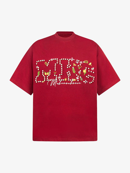 Oversized Embroidered Floral Letter T-Shirt 