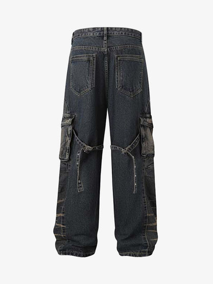 Vintage Washed Distressed Multi Pocket Cargo Jeans 
