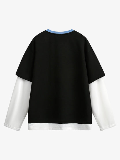 Faux Two-Piece Jersey Print Long Sleeve T-shirt - 2296 