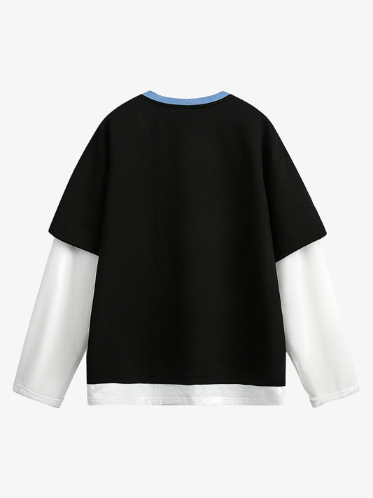 Faux Two-Piece Jersey Print Long Sleeve T-shirt - 2296 