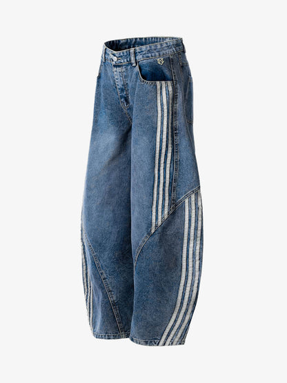 Striped Stitching Barrel Jeans - 2423 
