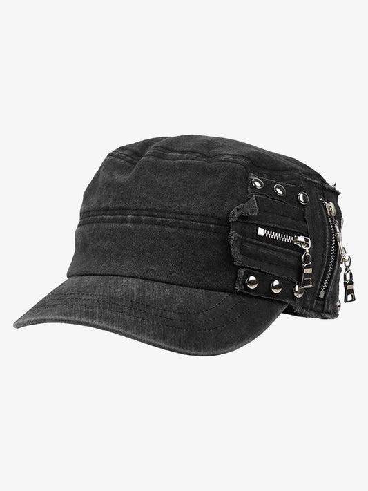 Washed Rivet Zipper Flat Top Cap 