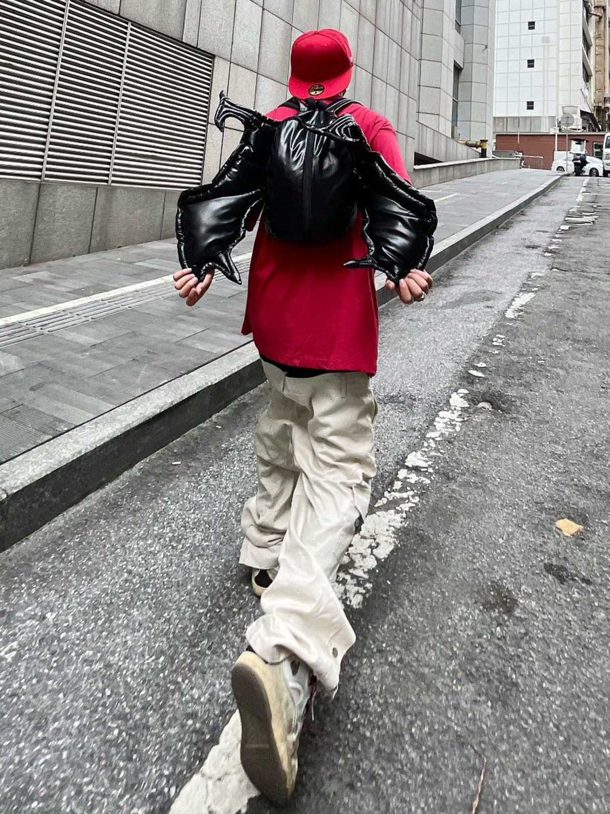 PU Leather Bat Wing Double Zipper Backpack 