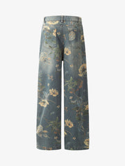 Denim Floral Print Carpenter Jeans - 2237 