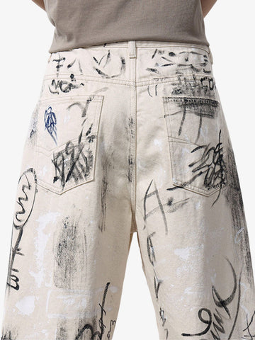 Distressed Washed Graffiti Baggy Jeans 