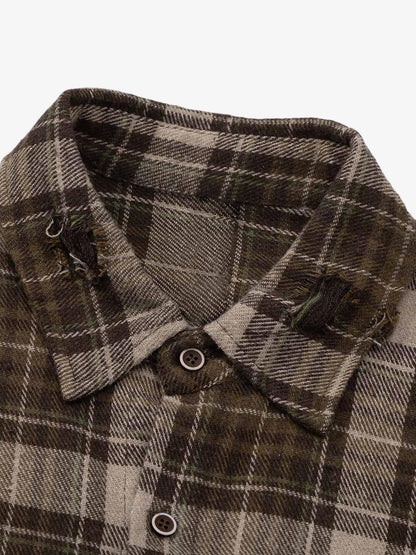 Retro Ripped Patchwork Long Sleeve Plaid Shirt 