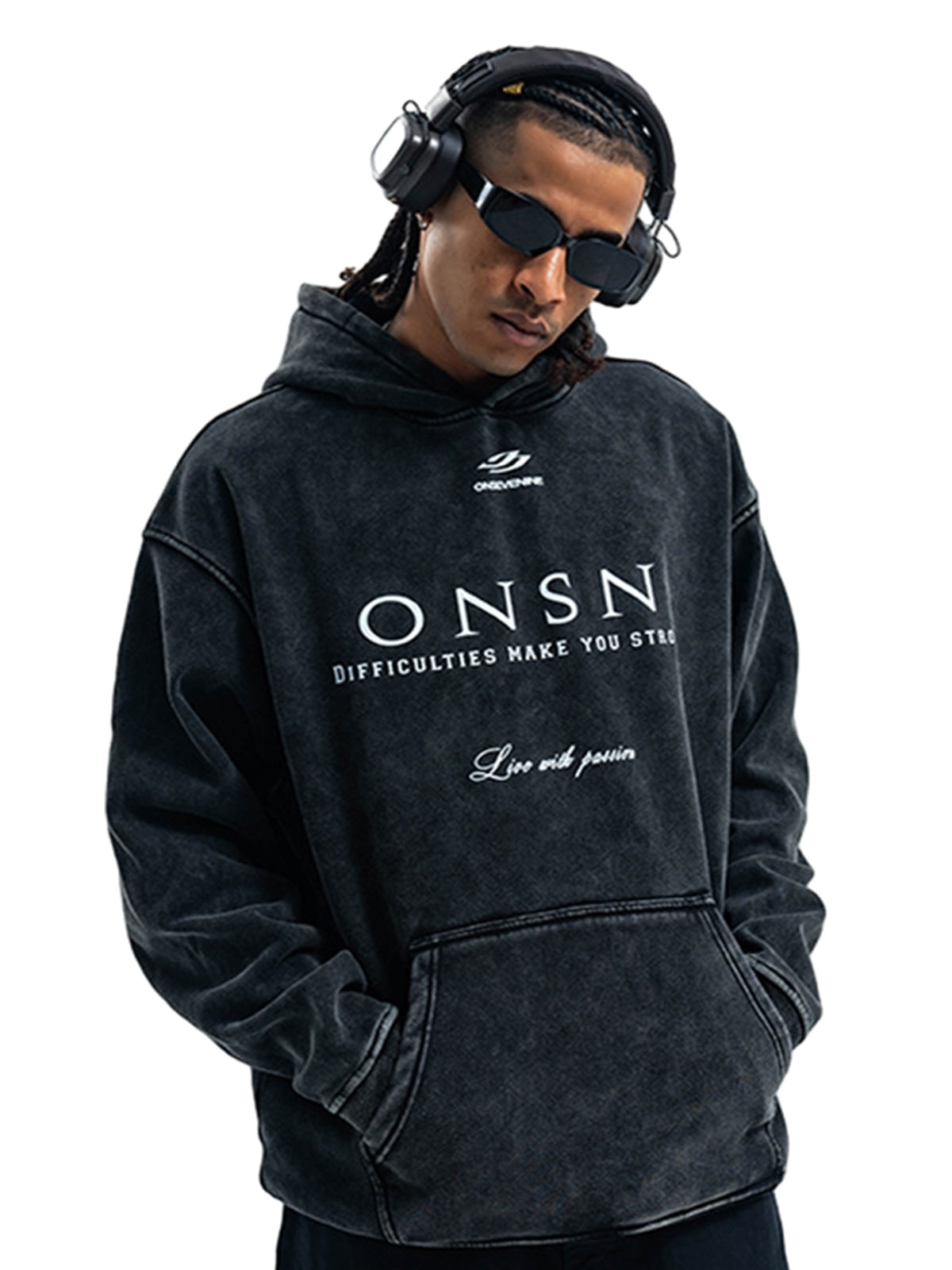 Heavy Washed Print Fleece Hoodie 