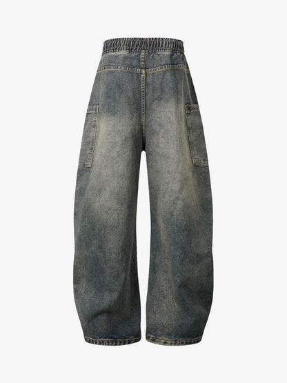 Washed Distressed Split Drawstring Barrel Jeans 