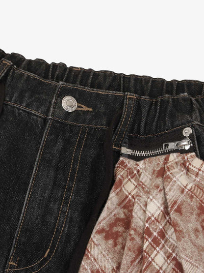 Patchwork Plaid Pleated Baggy Barrel Jeans - 2334 