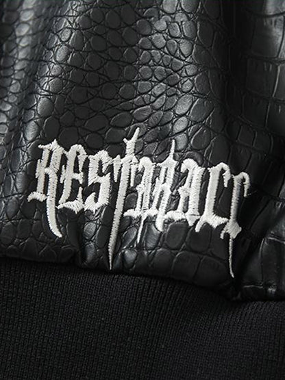 Gothic Cross Embroidery Crocodile Leather Bomber Jacket 