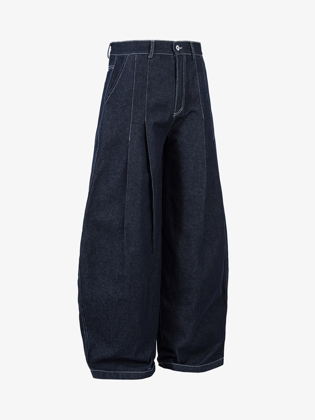 Deconstructed Contrast Stitching Pleated Baggy Barrel Jeans - 2343 