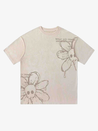 American Retro Creative Skull Flower T-shirt - 2039 