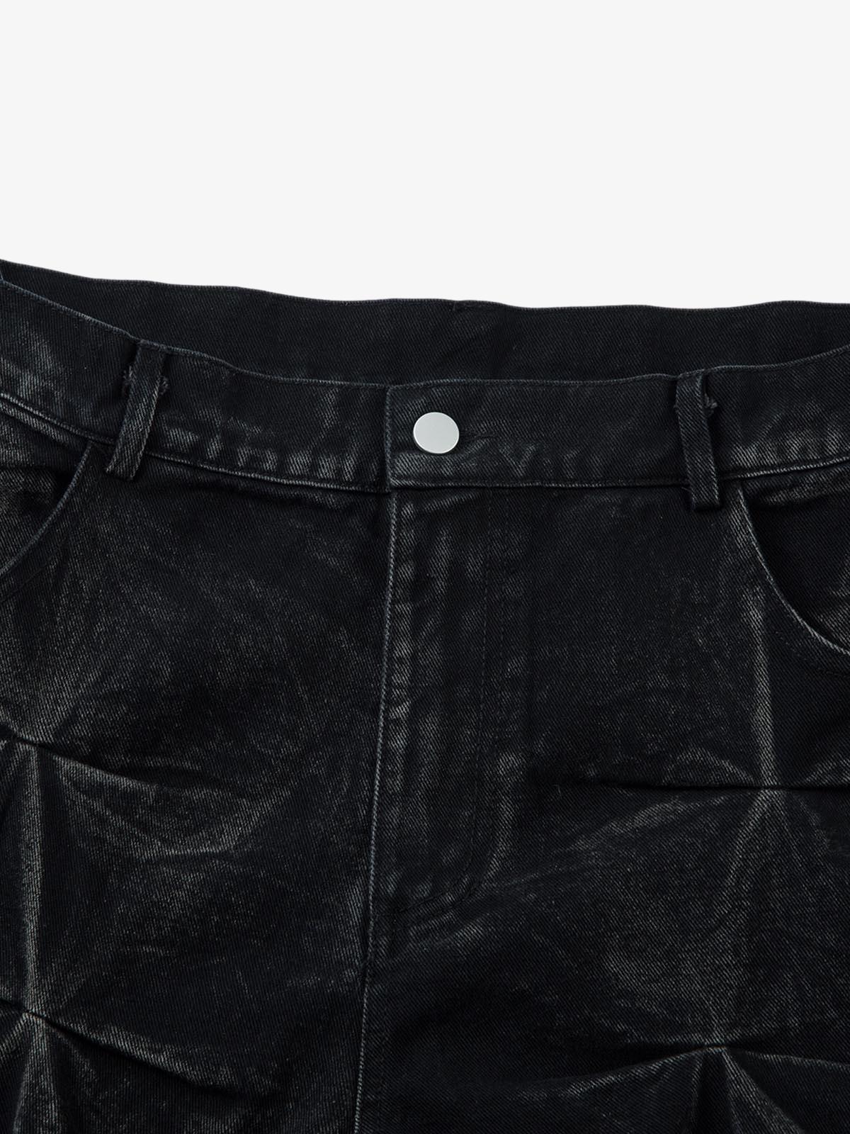 Denim Heavy Washed Distressed Pleated Baggy Jeans - 2282 