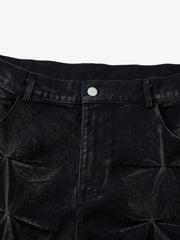 Denim Heavy Washed Distressed Pleated Baggy Jeans - 2282 