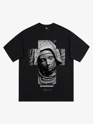 Original Retro Virgin Mary Mottled Cross Print T-Shirt 