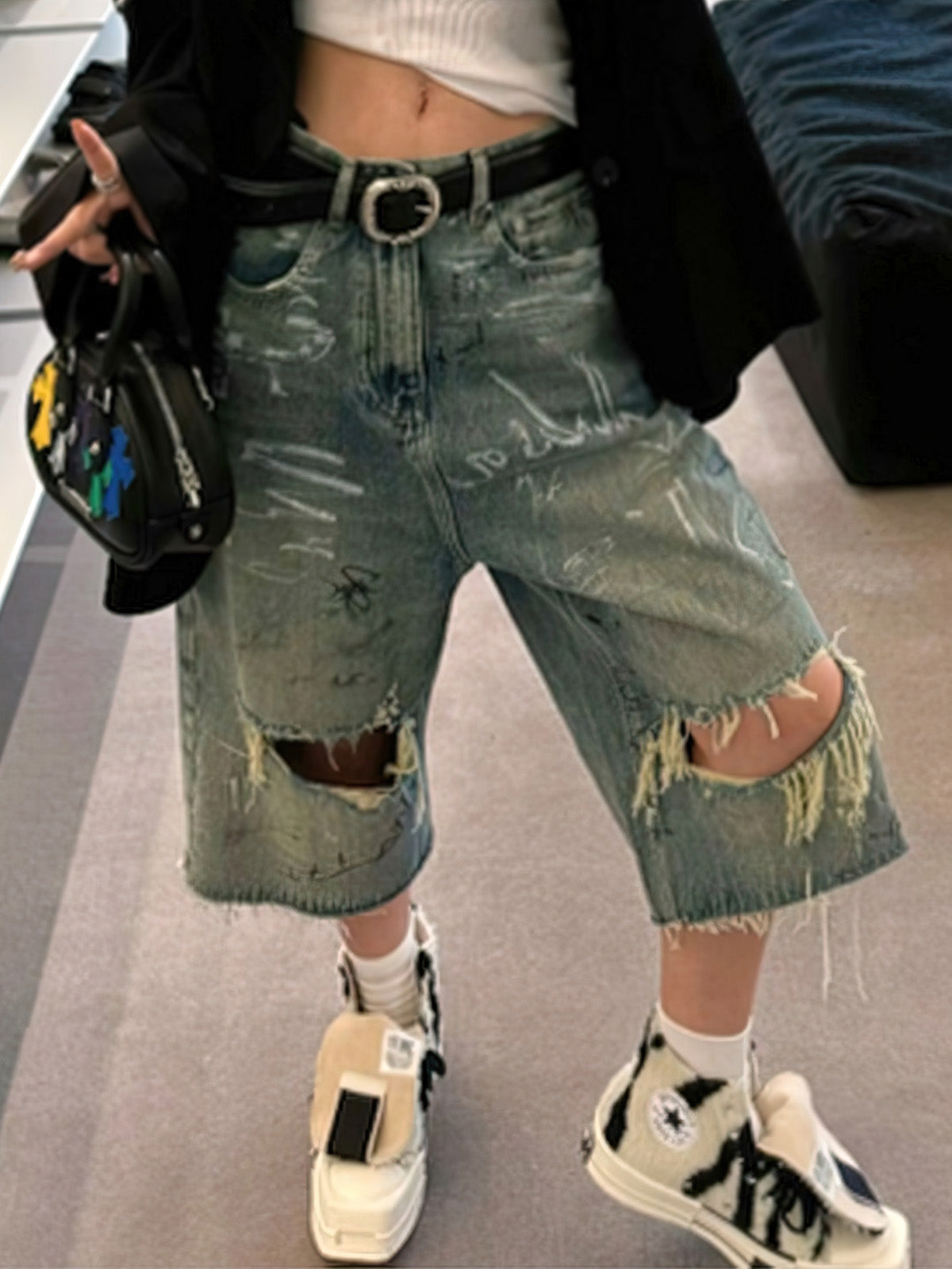 Ripped Hand-Painted Graffiti Ripped Jorts 