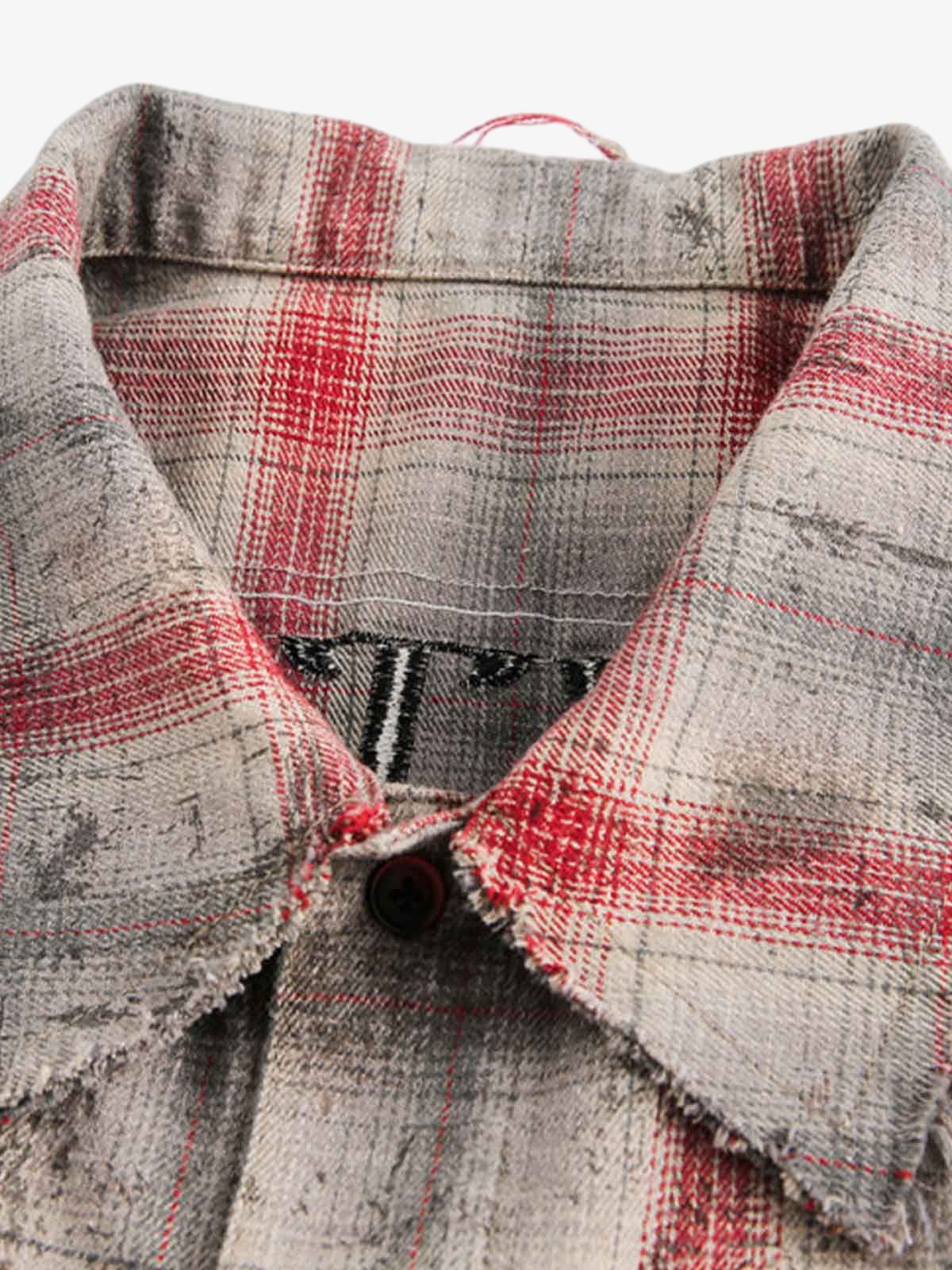 Distressed Patch Plaid Short-Sleeve Shirt 