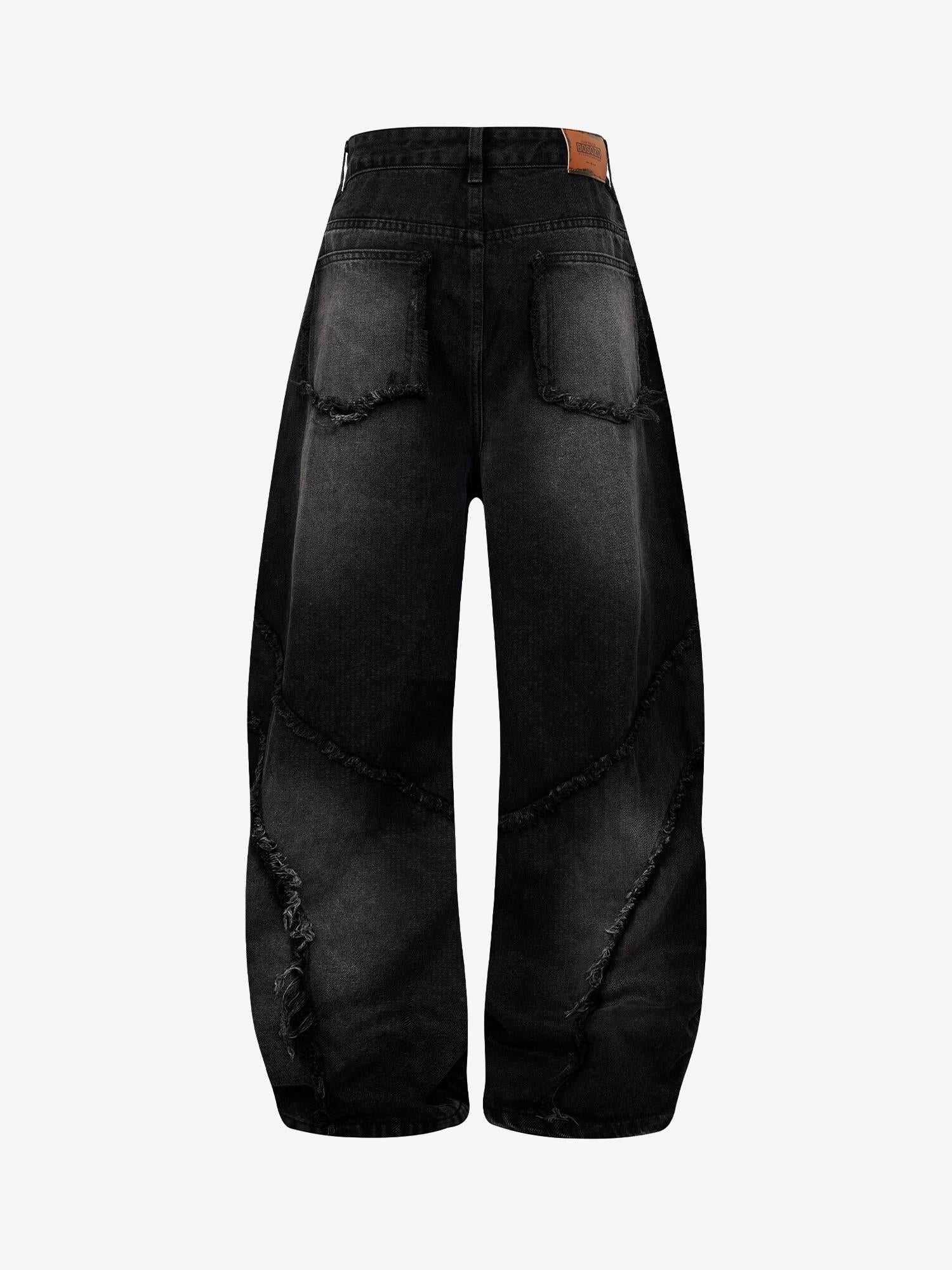 Washed Distressed Raw Edge Barrel Jeans - 2402 