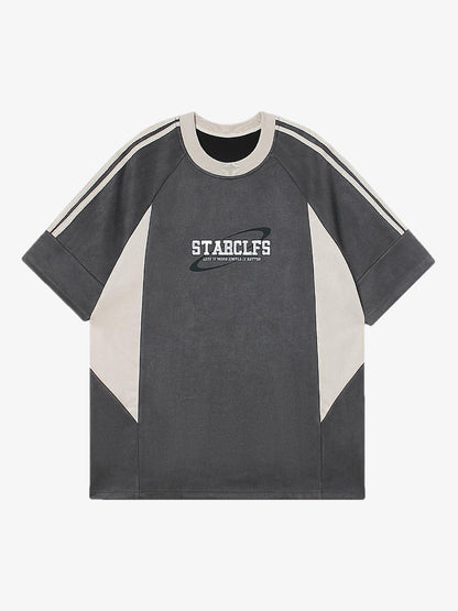 Suede Contrast Color Spliced Letter Embroidery Oversize T-shirt 