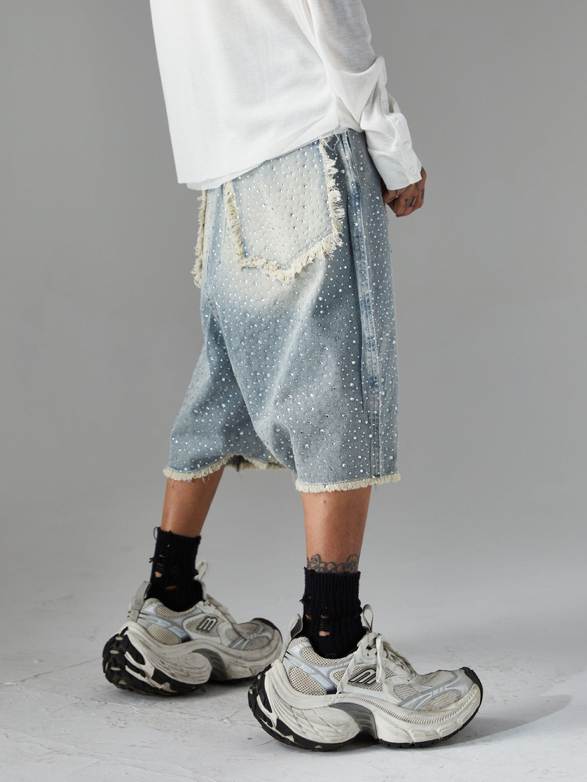 Distressed Rhinestone Denim Jorts - 2454 