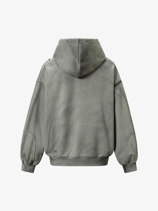 Street Washed Distressed Stitching Rivet Hooded Jacket 