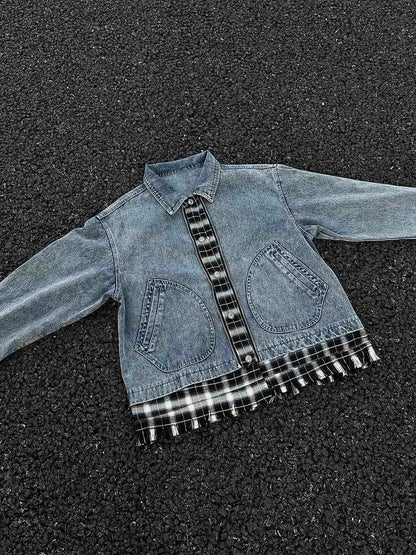 Washed Distressed Patchwork Faux Two-Piece Denim Jacket 