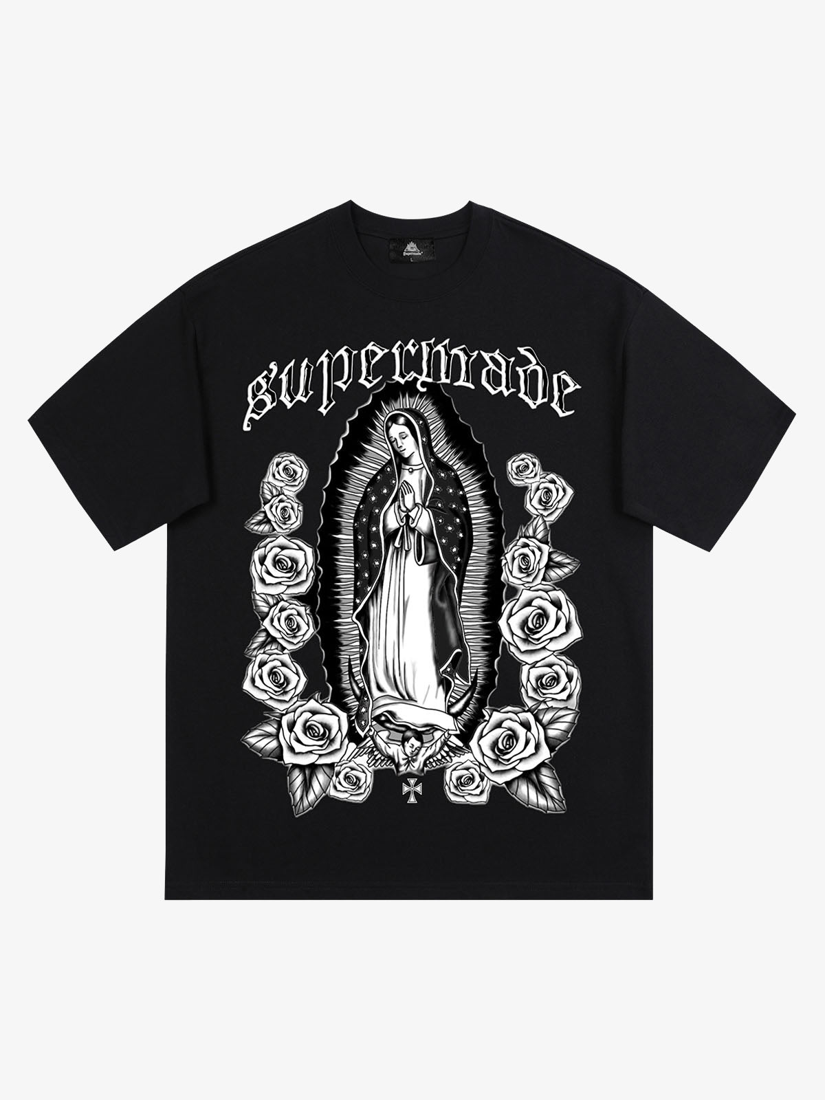 Original Retro Gothic Virgin Mary Floral Print T-Shirt 