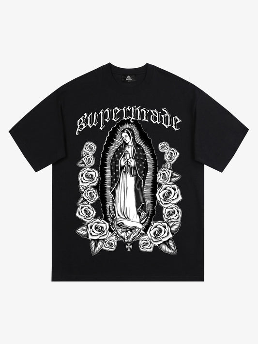 Original Retro Gothic Virgin Mary Floral Print T-Shirt 