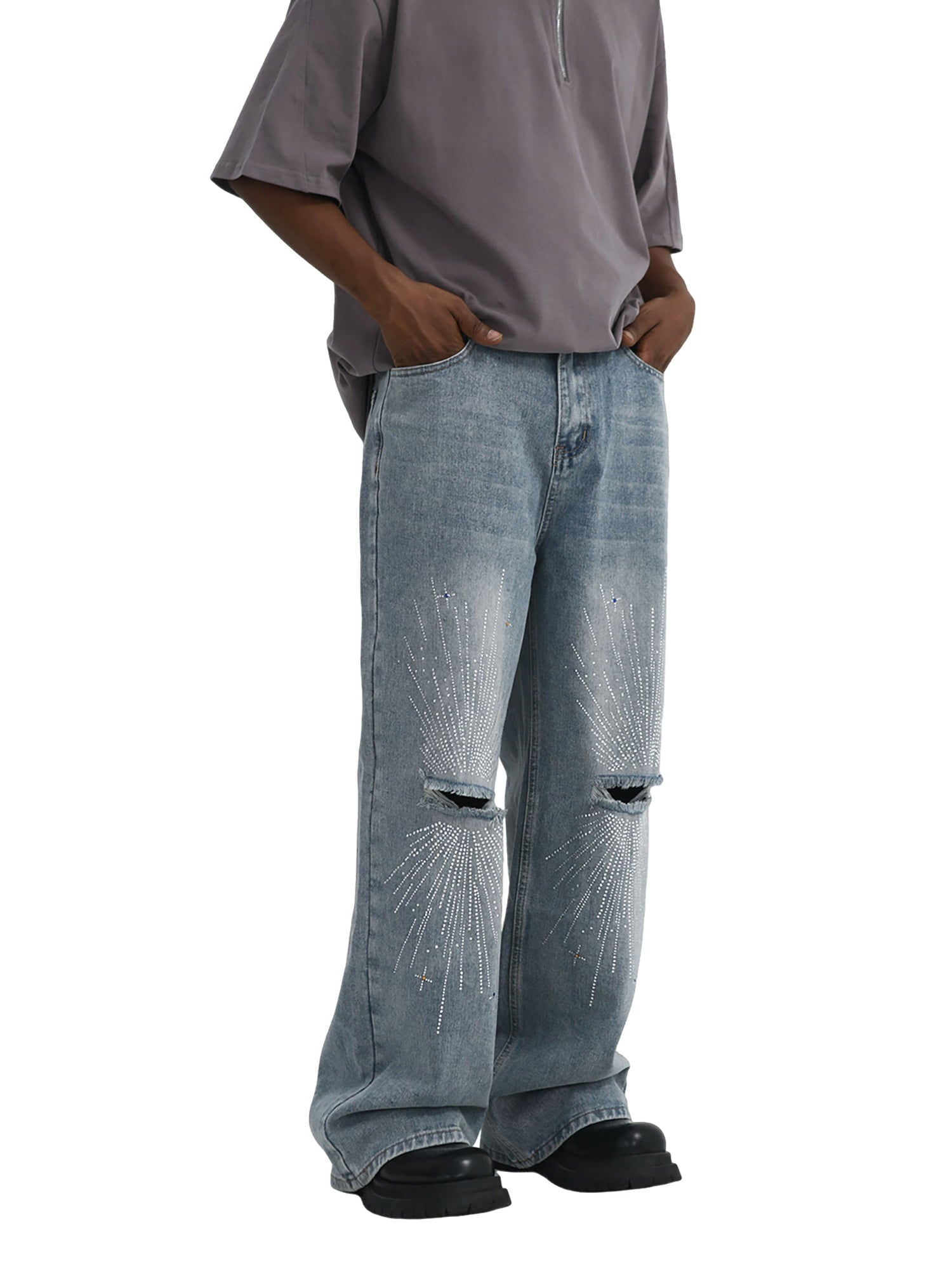 Thesupermade Hip-Hop Shining Cross Hot Diamond Distressed Washed  Baggy Jeans 