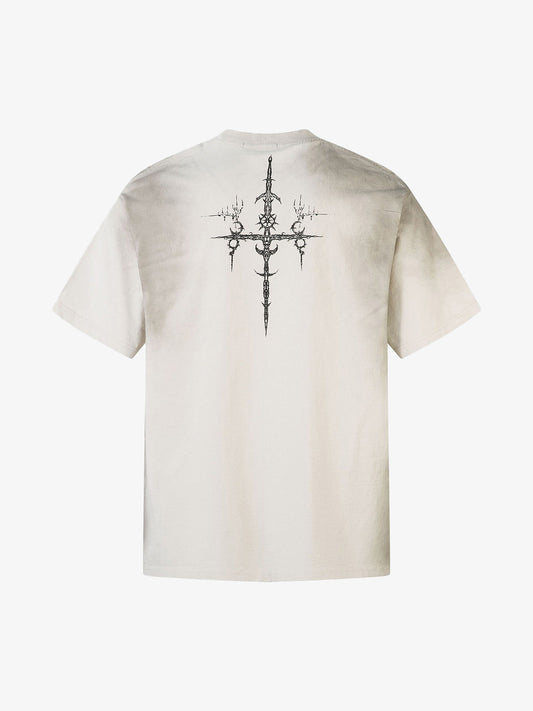 Heavy Cotton Washed Cross Shield Print T-shirt 