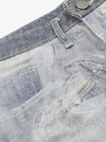 Thesupermade American Street 3D Print Retro Washed Denim Shorts 