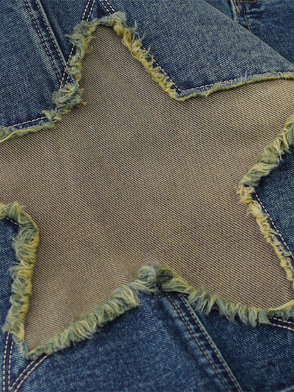 Street Patchwork Star Embroidered Denim Shorts - 2133 