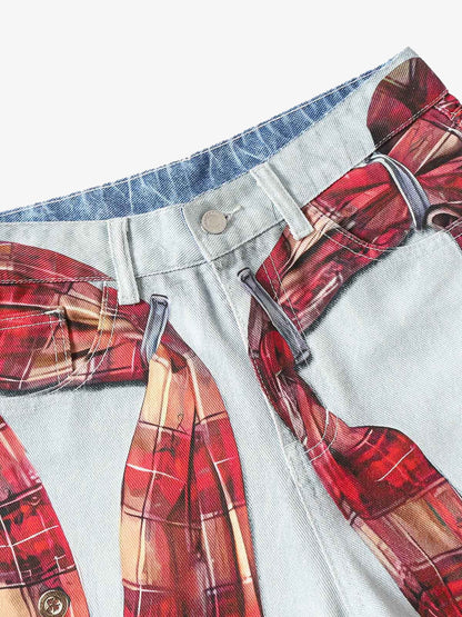 Plaid Print Baggy Jeans 