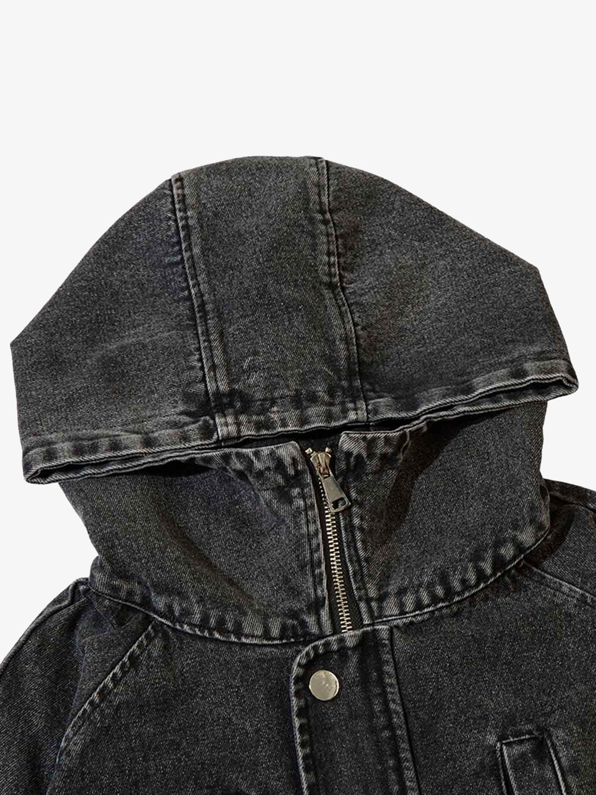 Washed Distressed Metal Zipper Hooded Denim Sweatshirt 