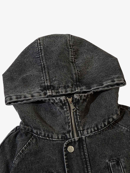 Washed Distressed Metal Zipper Hooded Denim Sweatshirt 