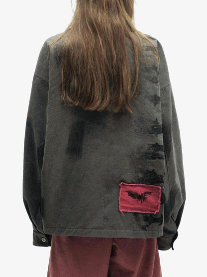 Wasteland Style Portrait Print Patchwork Barn Jacket 