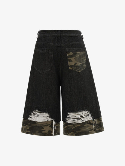 Patchwork Camouflage Ripped Denim Jorts 