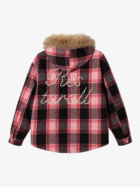 Thesupermade Beaded Fur Collar Padded Plaid Jacket 