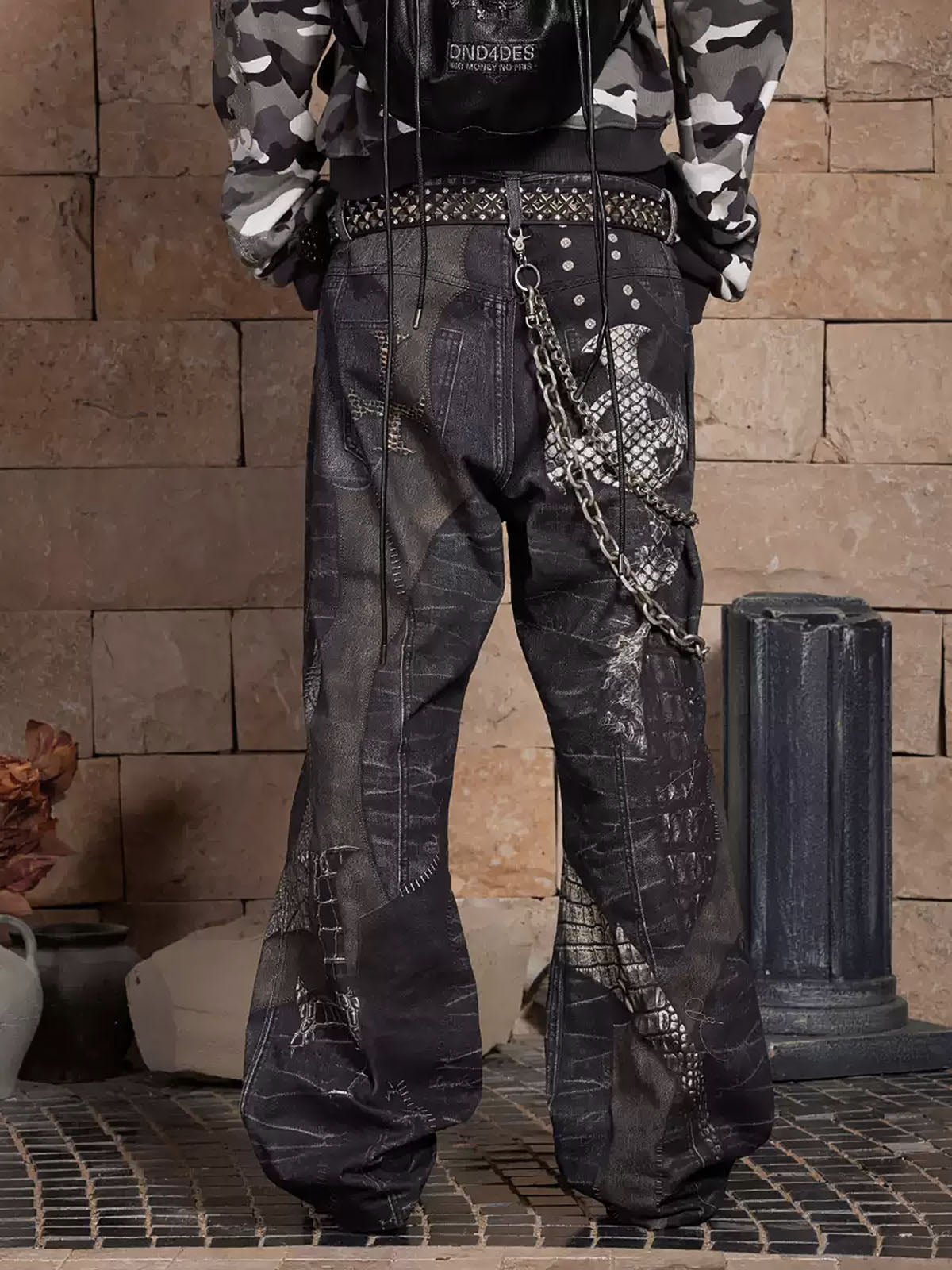 Thesupermade Full Cross Stitching Leather Flare Jeans 