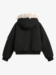 Retro Fur Hooded Fleece Bomber Jacket - 2478 