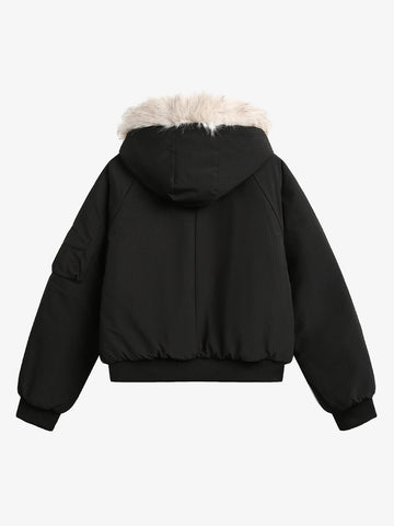 Retro Fur Hooded Fleece Bomber Jacket - 2478 