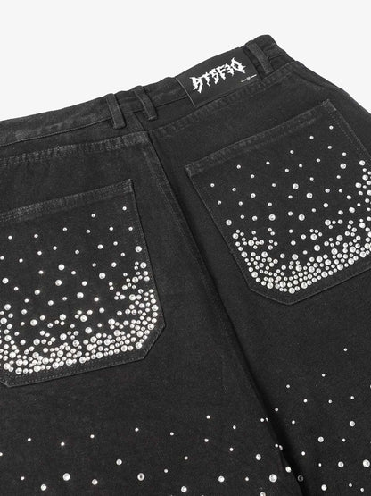 Retro Washed Rhinestone Raw Edge Denim Shorts - 2419 