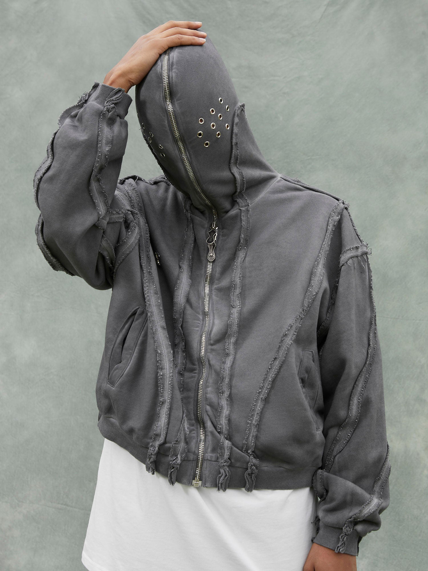 Thesupermade Heavy Washed Distressed Full Zip Hoodie - 2057