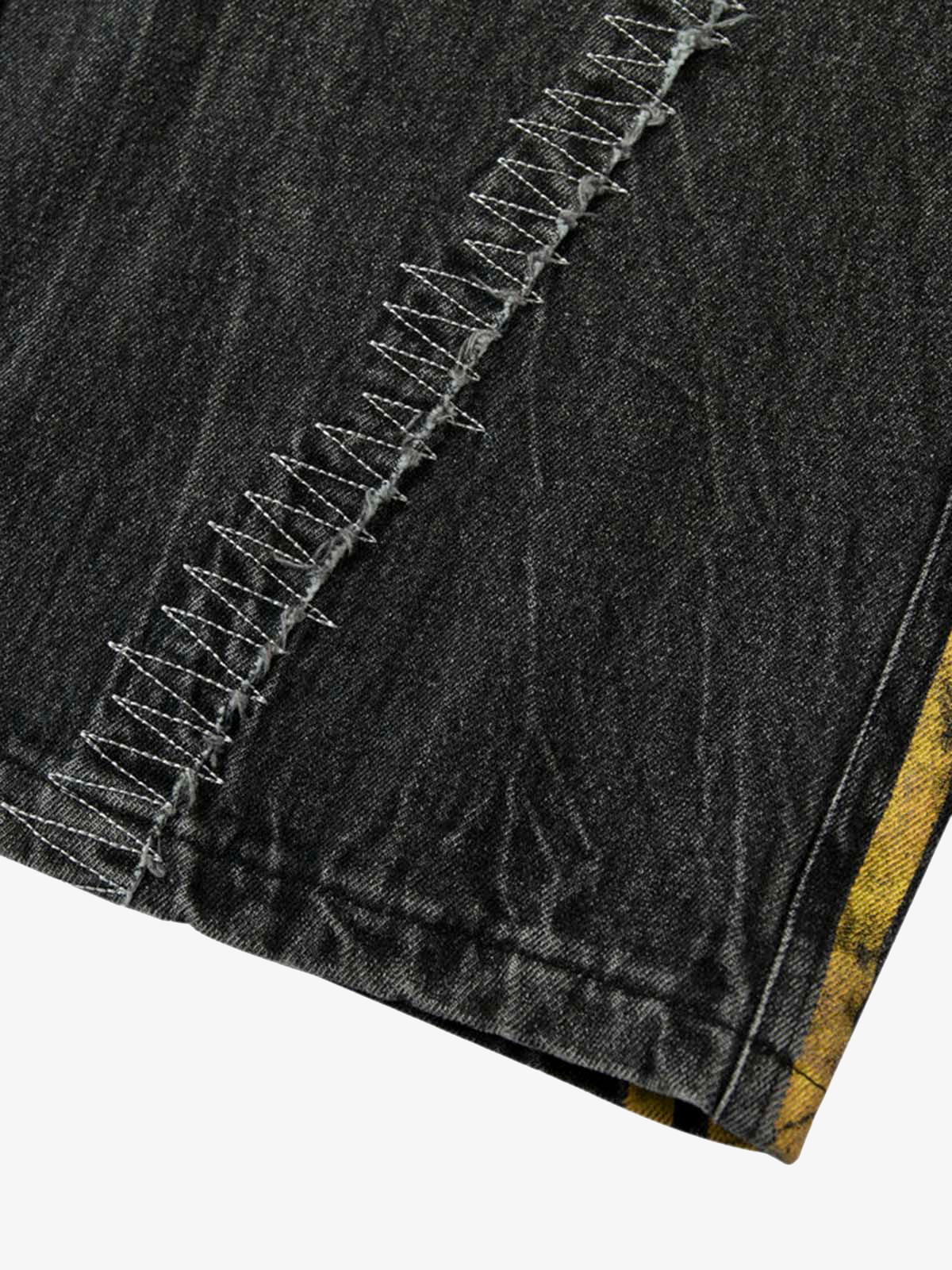 Distressed Striped Side Chain Patchwork Ripped Straight Jeans - 2391 