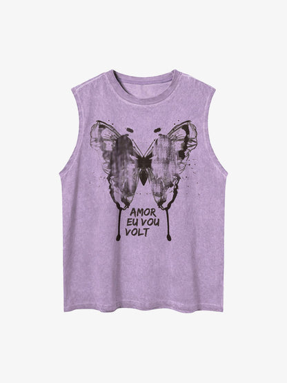 Thesupermade Washed Distressed Butterfly Print Vest 