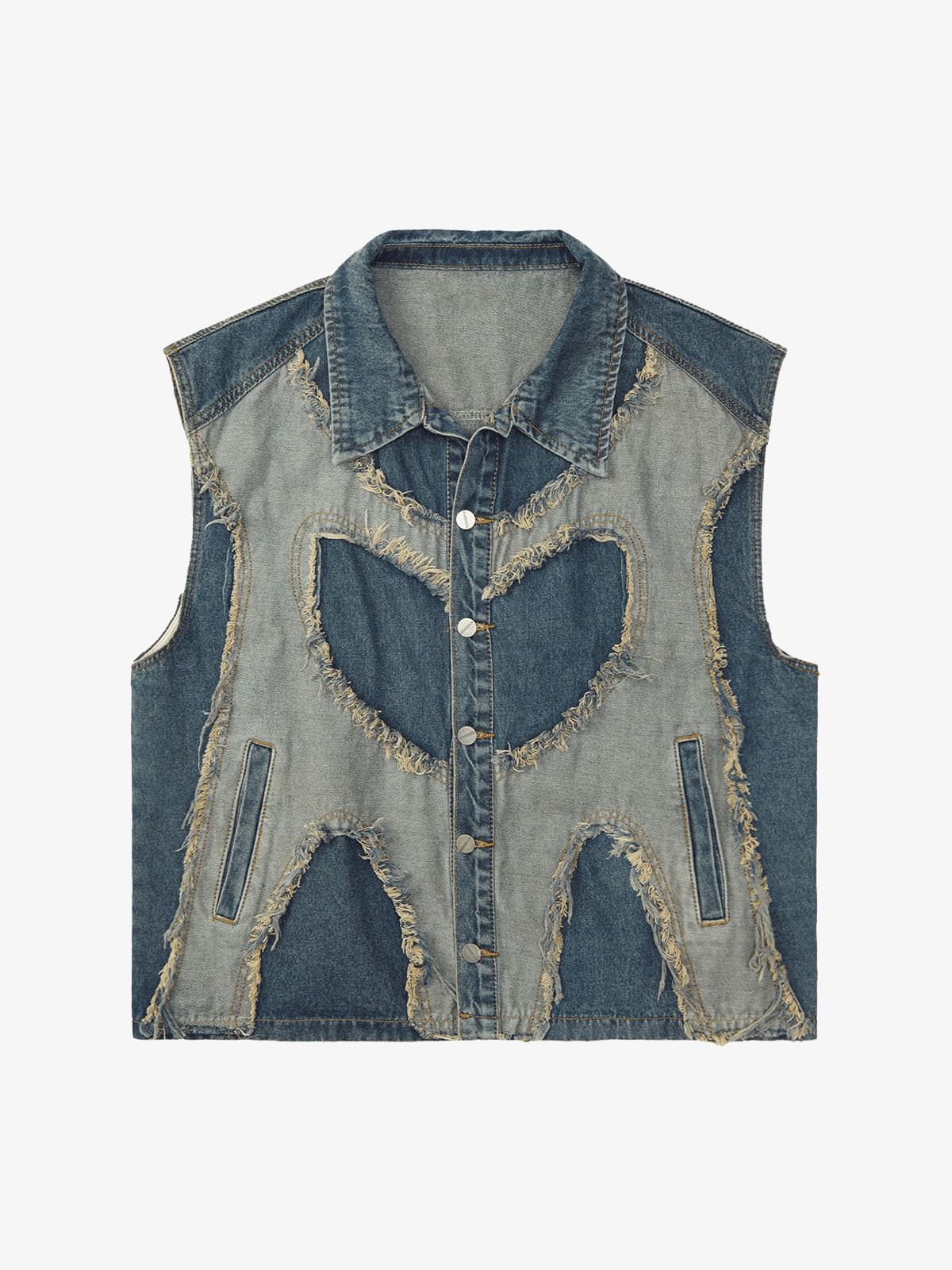 Thesupermade Contrast Denim Heart Stitching Street Rap Vest - 2062 